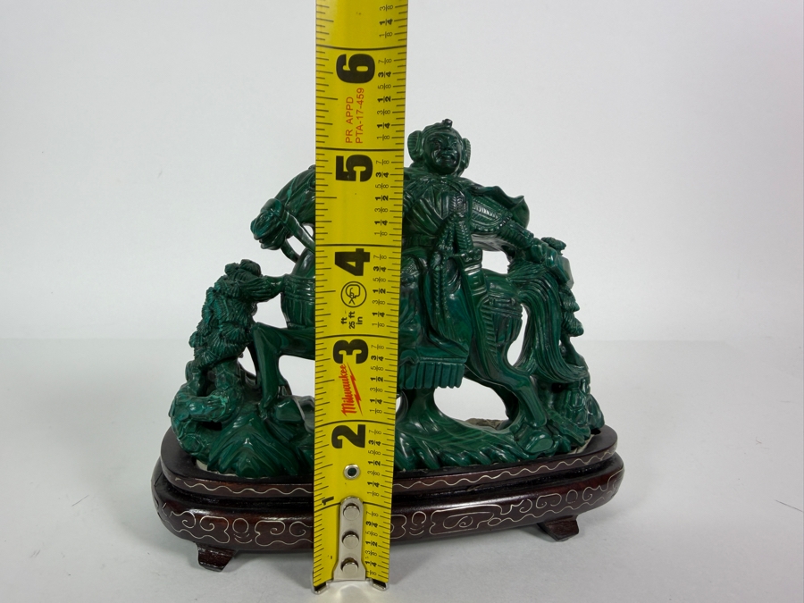 Vintage Chinese Hand Carved Genuine Green Malachite Warrior General On Horseback Figurine On Fitted Wood Stand 7'W X 5.5'H [Photo 12]