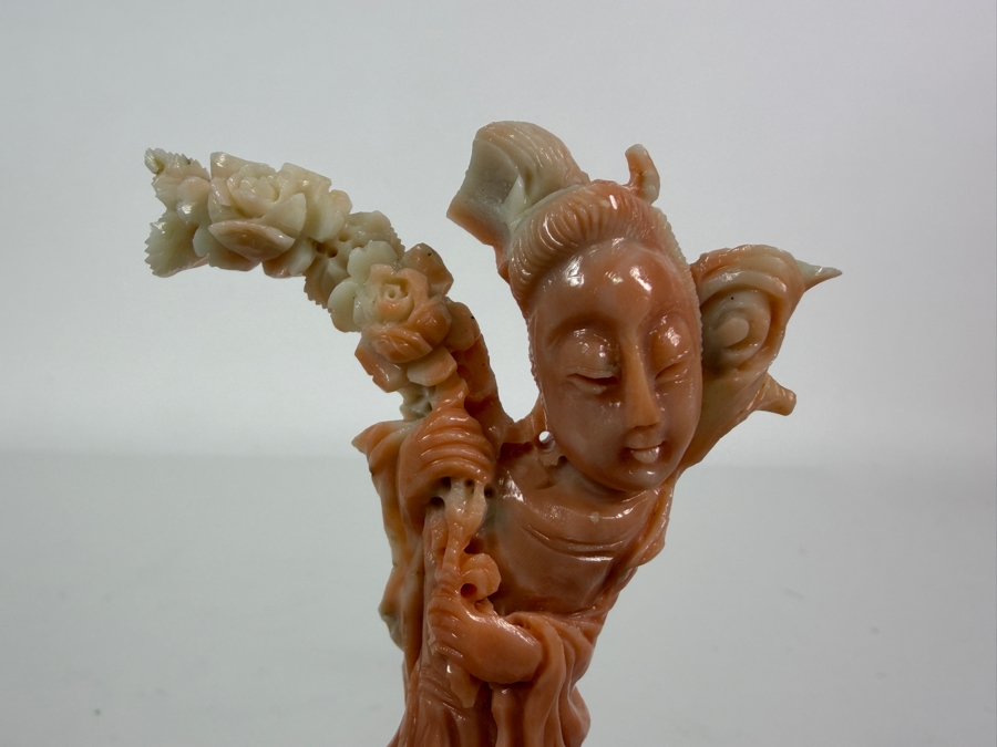 Antique Chinese Hand Carved Genuine Angel Skin Pink Coral Guanyin Maiden Figurine Sculpture On Fitted Wood Stand 4.5'H [Photo 2]
