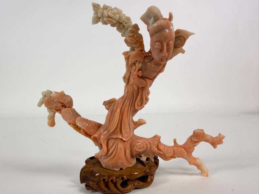 Antique Chinese Hand Carved Genuine Angel Skin Pink Coral Guanyin Maiden Figurine Sculpture On Fitted Wood Stand 4.5'H [Photo 8]