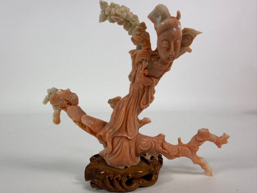 Antique Chinese Hand Carved Genuine Angel Skin Pink Coral Guanyin Maiden Figurine Sculpture On Fitted Wood Stand 4.5'H [Photo 7]