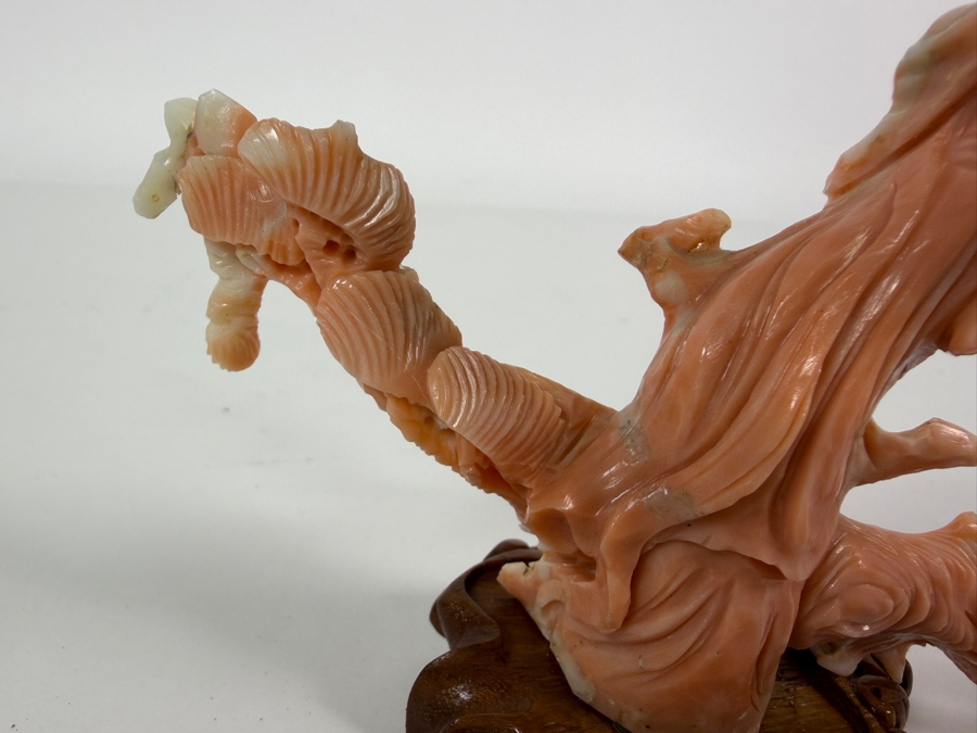 Antique Chinese Hand Carved Genuine Angel Skin Pink Coral Guanyin Maiden Figurine Sculpture On Fitted Wood Stand 4.5'H [Photo 5]