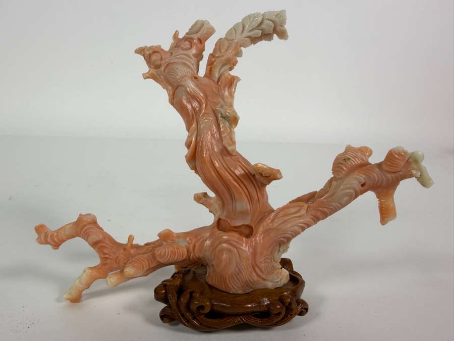 Antique Chinese Hand Carved Genuine Angel Skin Pink Coral Guanyin Maiden Figurine Sculpture On Fitted Wood Stand 4.5'H [Photo 6]