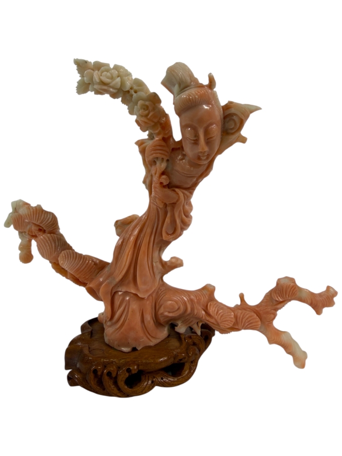 Antique Chinese Hand Carved Genuine Angel Skin Pink Coral Guanyin Maiden Figurine Sculpture On Fitted Wood Stand 4.5'H
