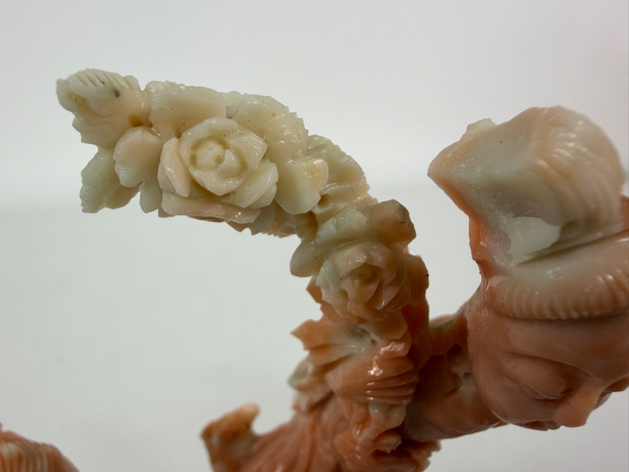 Antique Chinese Hand Carved Genuine Angel Skin Pink Coral Guanyin Maiden Figurine Sculpture On Fitted Wood Stand 4.5'H [Photo 3]