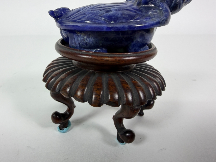 Vintage Chinese Hand Carved Genuine Blue Sodalite Lapis Dragon Turtle Figurine On Fitted Footed Wood Stand 3'H [Photo 8]