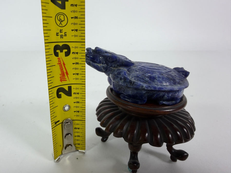 Vintage Chinese Hand Carved Genuine Blue Sodalite Lapis Dragon Turtle Figurine On Fitted Footed Wood Stand 3'H [Photo 10]