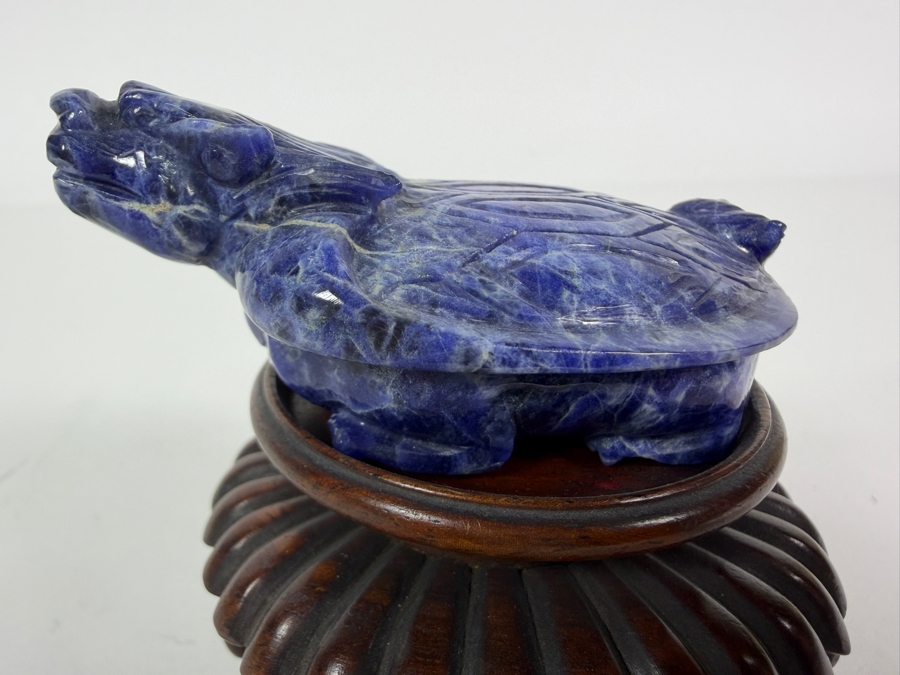 Vintage Chinese Hand Carved Genuine Blue Sodalite Lapis Dragon Turtle Figurine On Fitted Footed Wood Stand 3'H [Photo 4]