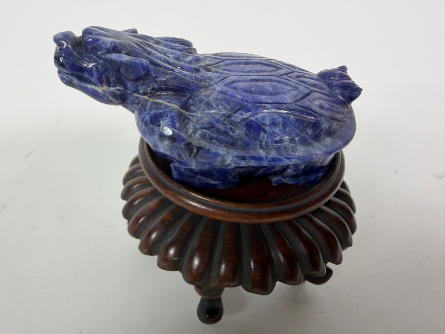 Vintage Chinese Hand Carved Genuine Blue Sodalite Lapis Dragon Turtle Figurine On Fitted Footed Wood Stand 3'H [Photo 2]