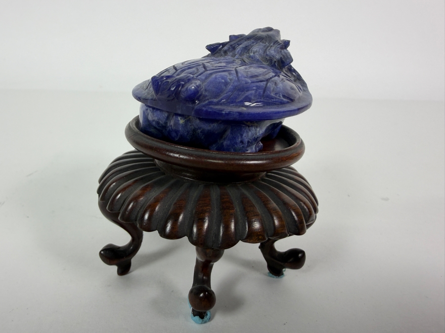 Vintage Chinese Hand Carved Genuine Blue Sodalite Lapis Dragon Turtle Figurine On Fitted Footed Wood Stand 3'H [Photo 7]