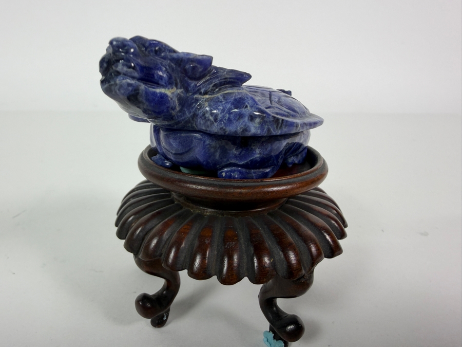 Vintage Chinese Hand Carved Genuine Blue Sodalite Lapis Dragon Turtle Figurine On Fitted Footed Wood Stand 3'H [Photo 5]