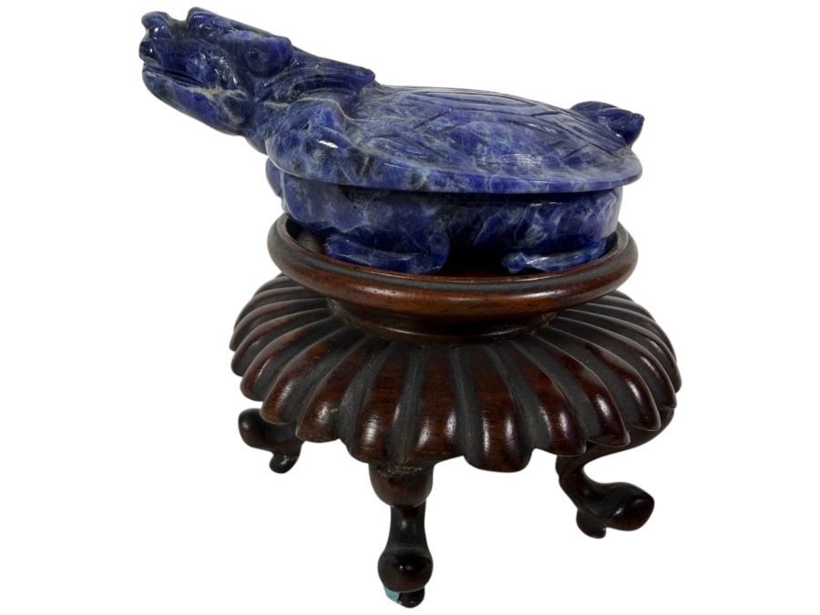 Vintage Chinese Hand Carved Genuine Blue Sodalite Lapis Dragon Turtle Figurine On Fitted Footed Wood Stand 3'H