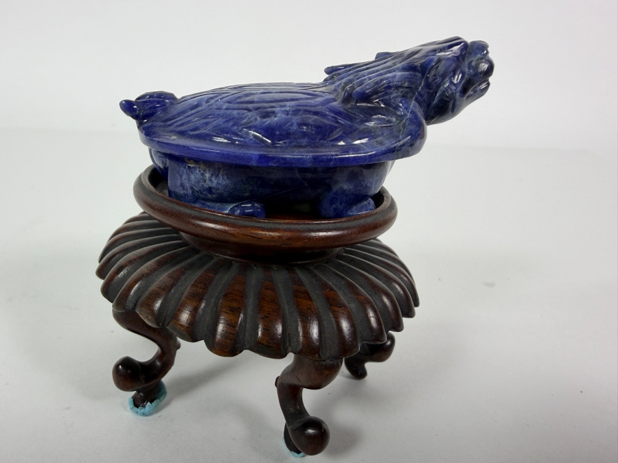 Vintage Chinese Hand Carved Genuine Blue Sodalite Lapis Dragon Turtle Figurine On Fitted Footed Wood Stand 3'H [Photo 6]