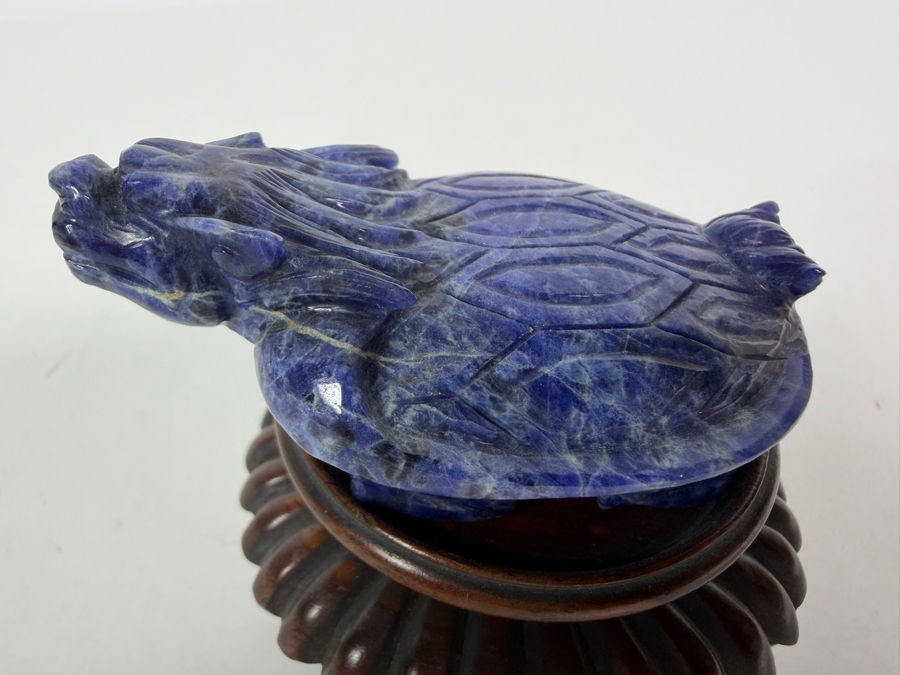 Vintage Chinese Hand Carved Genuine Blue Sodalite Lapis Dragon Turtle Figurine On Fitted Footed Wood Stand 3'H [Photo 3]