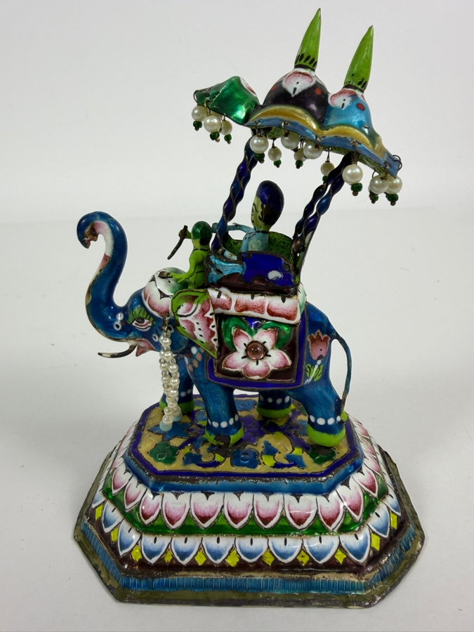 Vintage Indian Meenakari Enamel Brass Royal Procession Elephant Carrying Maharaja In Howdah Under Parasol Canopy Tiered Base Figurine 5.5'H [Photo 2]
