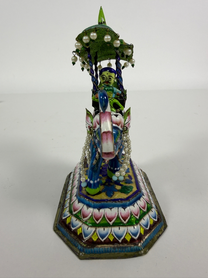 Vintage Indian Meenakari Enamel Brass Royal Procession Elephant Carrying Maharaja In Howdah Under Parasol Canopy Tiered Base Figurine 5.5'H [Photo 4]