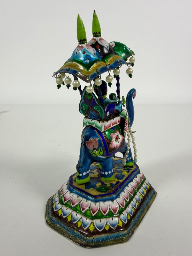 Vintage Indian Meenakari Enamel Brass Royal Procession Elephant Carrying Maharaja In Howdah Under Parasol Canopy Tiered Base Figurine 5.5'H [Photo 6]
