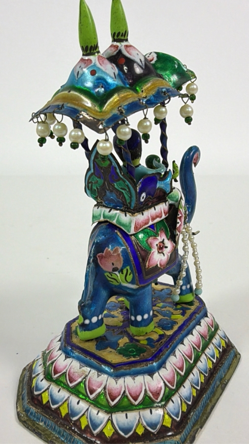 Vintage Indian Meenakari Enamel Brass Royal Procession Elephant Carrying Maharaja In Howdah Under Parasol Canopy Tiered Base Figurine 5.5'H [Photo 5]