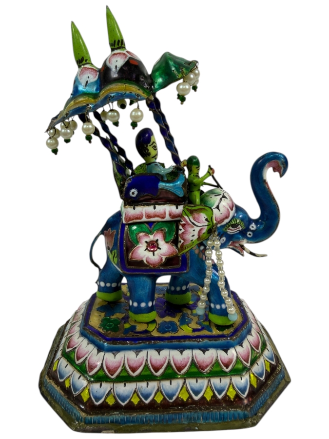 Vintage Indian Meenakari Enamel Brass Royal Procession Elephant Carrying Maharaja In Howdah Under Parasol Canopy Tiered Base Figurine 5.5'H