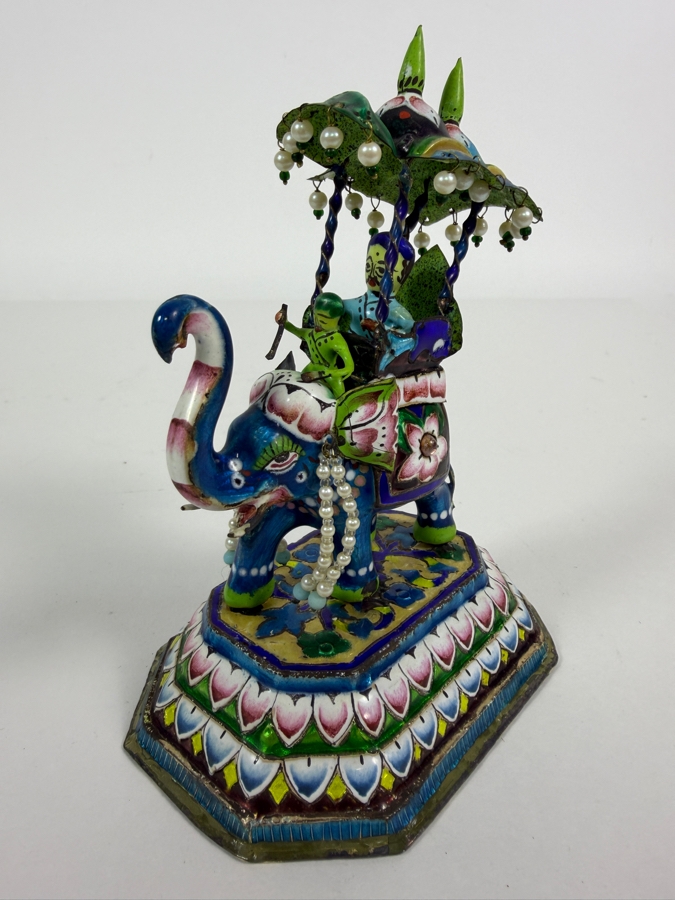 Vintage Indian Meenakari Enamel Brass Royal Procession Elephant Carrying Maharaja In Howdah Under Parasol Canopy Tiered Base Figurine 5.5'H [Photo 3]