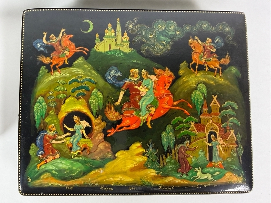 Vintage USSR Russian Palekh Signed By Artist Pisarev Hand Painted Fairy Tale Papier Mache Lacquer Boxes Lot Of (4) 4'W - 6'W [Photo 2]