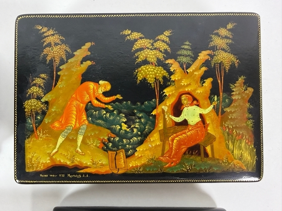 Vintage USSR Russian Palekh Signed By Artist Pisarev Hand Painted Fairy Tale Papier Mache Lacquer Boxes Lot Of (4) 4'W - 6'W [Photo 4]
