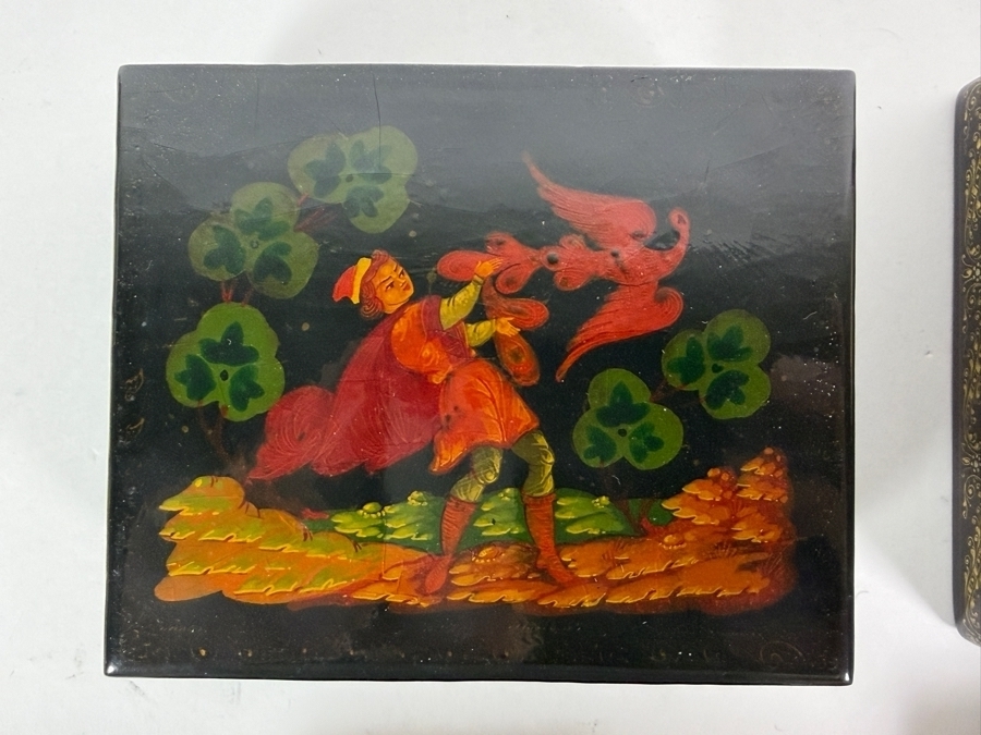 Vintage USSR Russian Palekh Signed By Artist Pisarev Hand Painted Fairy Tale Papier Mache Lacquer Boxes Lot Of (4) 4'W - 6'W [Photo 8]