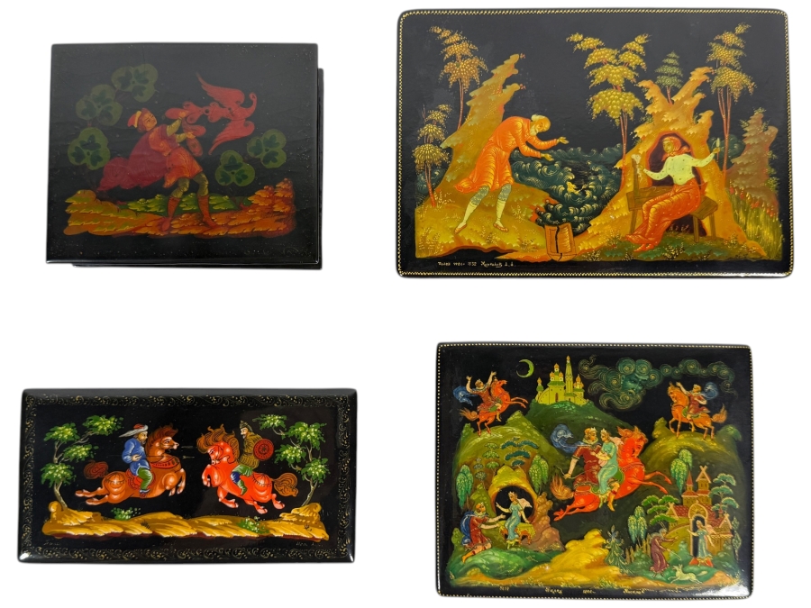 Vintage USSR Russian Palekh Signed By Artist Pisarev Hand Painted Fairy Tale Papier Mache Lacquer Boxes Lot Of (4) 4'W - 6'W