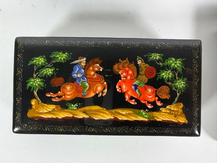 Vintage USSR Russian Palekh Signed By Artist Pisarev Hand Painted Fairy Tale Papier Mache Lacquer Boxes Lot Of (4) 4'W - 6'W [Photo 6]
