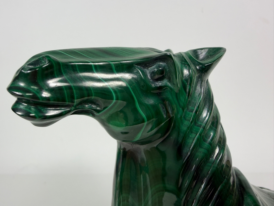 Vintage Chinese Hand Carved Genuine Green Malachite Reclining Caparisoned Horse Figurine On Fitted Wood Stand 8'W X 4'D X 6.5'H [Photo 4]