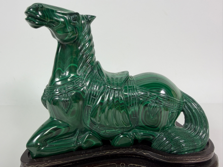 Vintage Chinese Hand Carved Genuine Green Malachite Reclining Caparisoned Horse Figurine On Fitted Wood Stand 8'W X 4'D X 6.5'H [Photo 2]