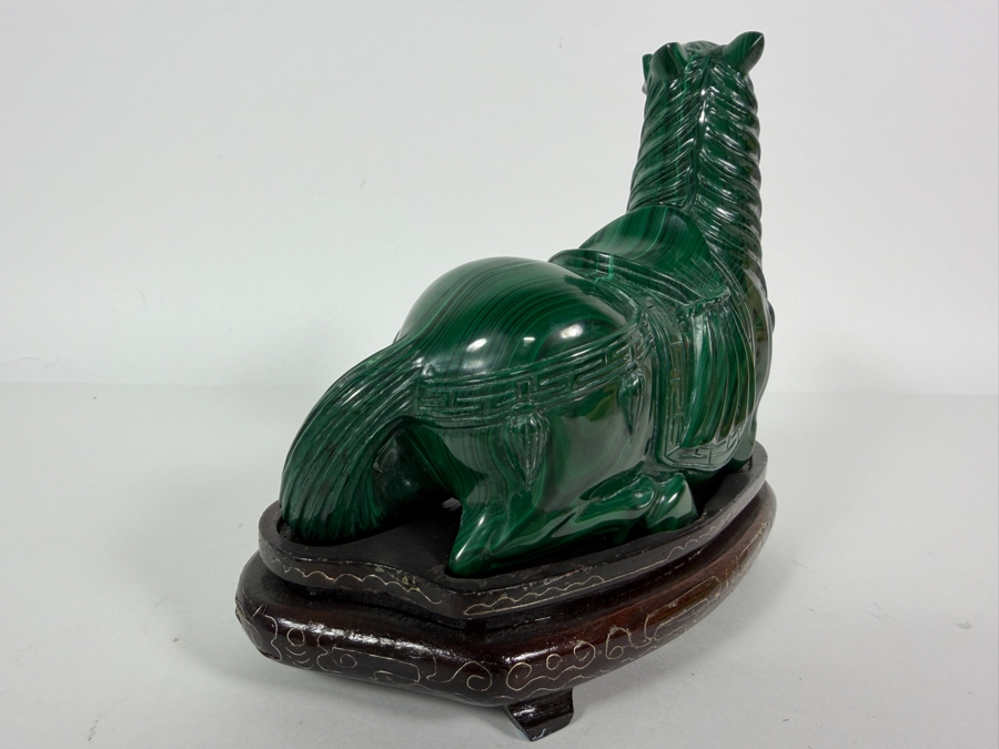 Vintage Chinese Hand Carved Genuine Green Malachite Reclining Caparisoned Horse Figurine On Fitted Wood Stand 8'W X 4'D X 6.5'H [Photo 7]