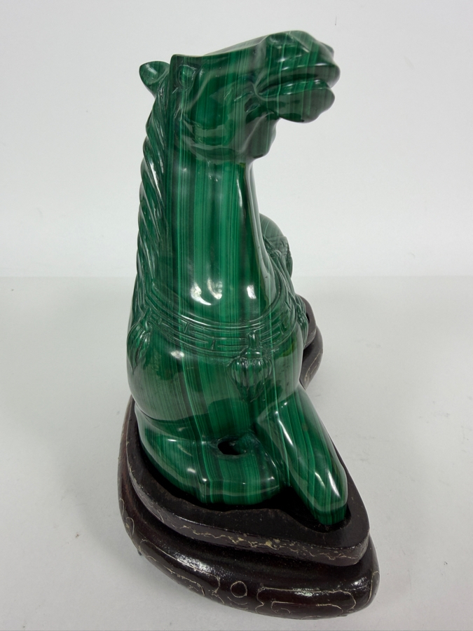 Vintage Chinese Hand Carved Genuine Green Malachite Reclining Caparisoned Horse Figurine On Fitted Wood Stand 8'W X 4'D X 6.5'H [Photo 5]