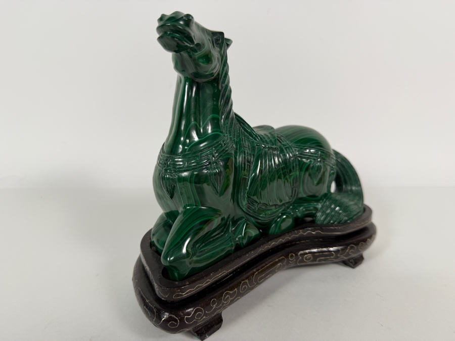Vintage Chinese Hand Carved Genuine Green Malachite Reclining Caparisoned Horse Figurine On Fitted Wood Stand 8'W X 4'D X 6.5'H [Photo 3]