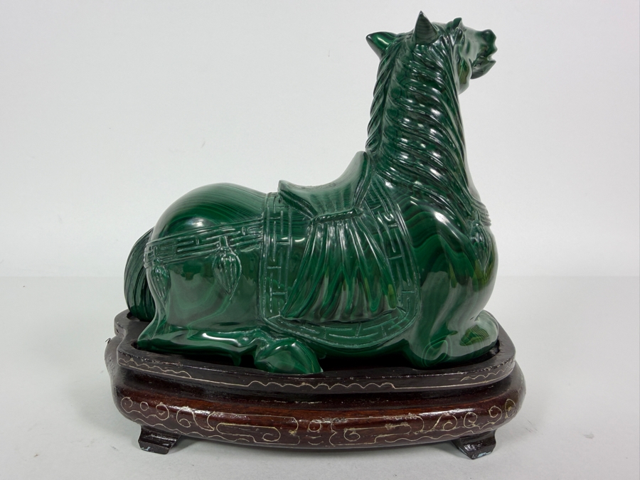 Vintage Chinese Hand Carved Genuine Green Malachite Reclining Caparisoned Horse Figurine On Fitted Wood Stand 8'W X 4'D X 6.5'H [Photo 6]