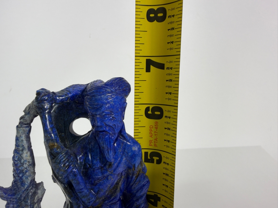 Vintage Chinese Hand Carved Genuine Blue Lapis Lazuli Wise Old Man Fisherman And Boy Figurine On Fitted Wood Stand 6.5'H [Photo 9]