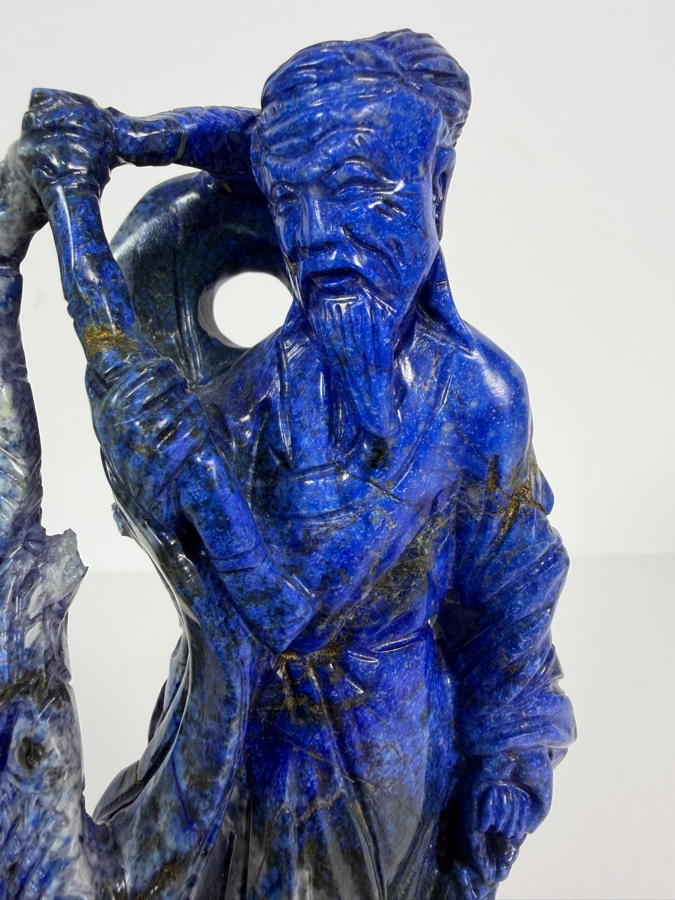 Vintage Chinese Hand Carved Genuine Blue Lapis Lazuli Wise Old Man Fisherman And Boy Figurine On Fitted Wood Stand 6.5'H [Photo 3]