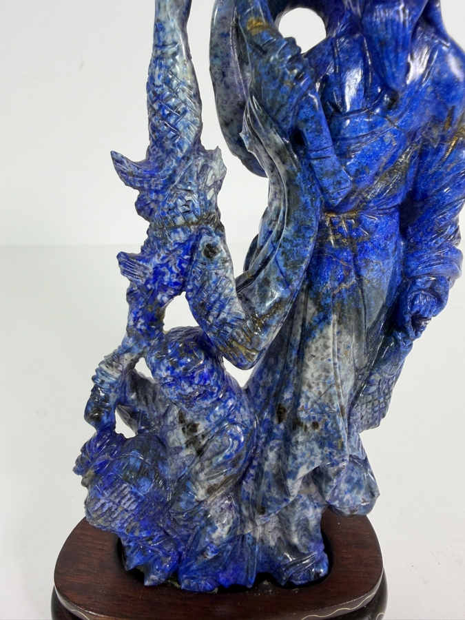 Vintage Chinese Hand Carved Genuine Blue Lapis Lazuli Wise Old Man Fisherman And Boy Figurine On Fitted Wood Stand 6.5'H [Photo 4]