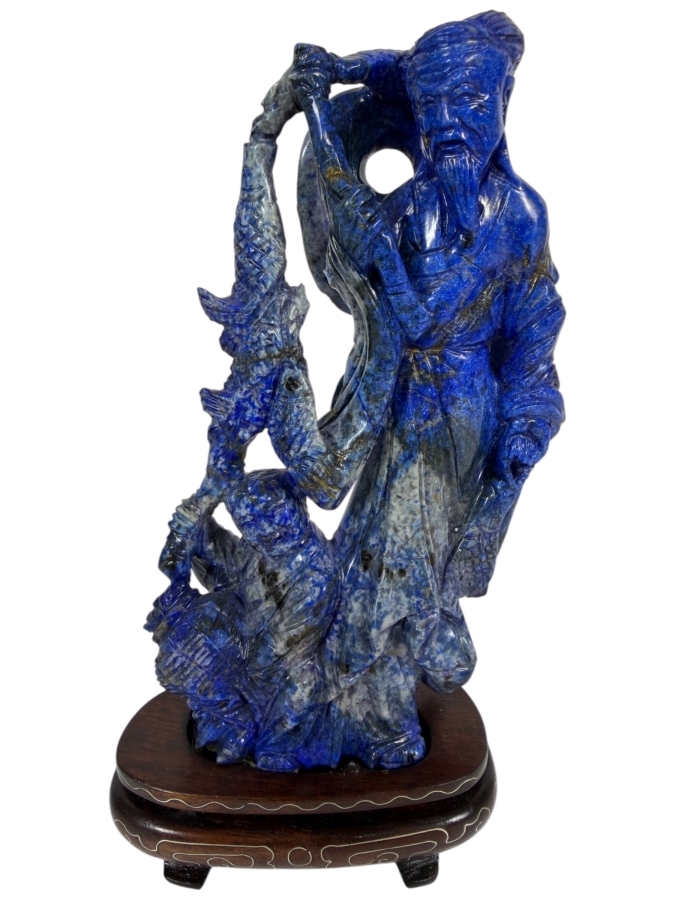 Vintage Chinese Hand Carved Genuine Blue Lapis Lazuli Wise Old Man Fisherman And Boy Figurine On Fitted Wood Stand 6.5'H