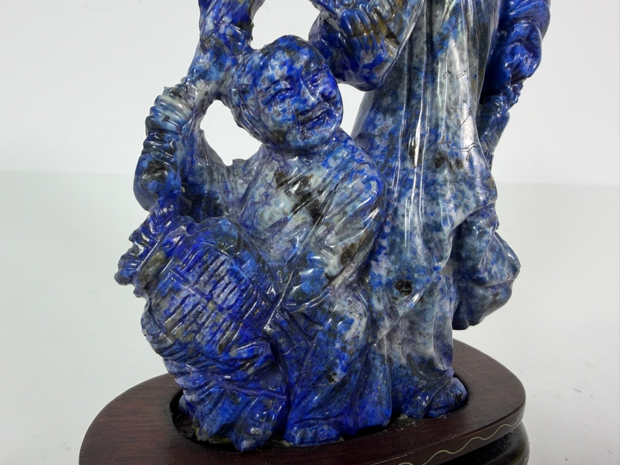 Vintage Chinese Hand Carved Genuine Blue Lapis Lazuli Wise Old Man Fisherman And Boy Figurine On Fitted Wood Stand 6.5'H [Photo 7]