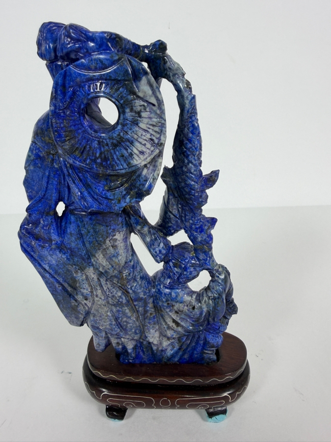 Vintage Chinese Hand Carved Genuine Blue Lapis Lazuli Wise Old Man Fisherman And Boy Figurine On Fitted Wood Stand 6.5'H [Photo 6]