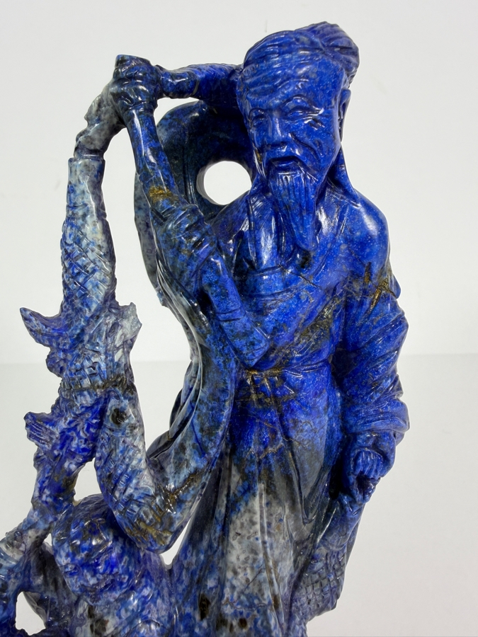 Vintage Chinese Hand Carved Genuine Blue Lapis Lazuli Wise Old Man Fisherman And Boy Figurine On Fitted Wood Stand 6.5'H [Photo 2]