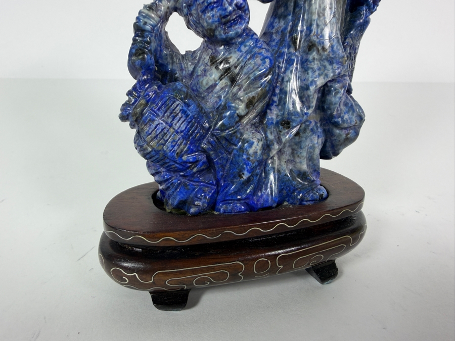 Vintage Chinese Hand Carved Genuine Blue Lapis Lazuli Wise Old Man Fisherman And Boy Figurine On Fitted Wood Stand 6.5'H [Photo 8]