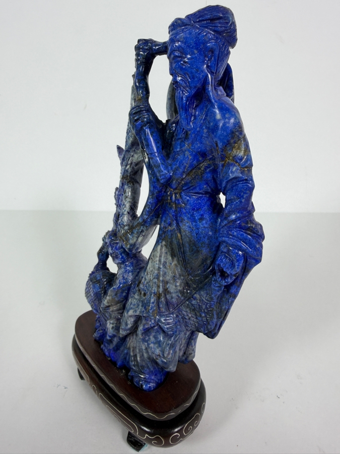 Vintage Chinese Hand Carved Genuine Blue Lapis Lazuli Wise Old Man Fisherman And Boy Figurine On Fitted Wood Stand 6.5'H [Photo 5]