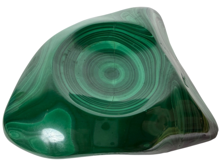 Vintage Luxury Genuine Green Malachite Polished Freeform Asymmetrical Shallow Dish Ashtray Coin Bowl 5.5'W X 4.25'D X 2.25'H
