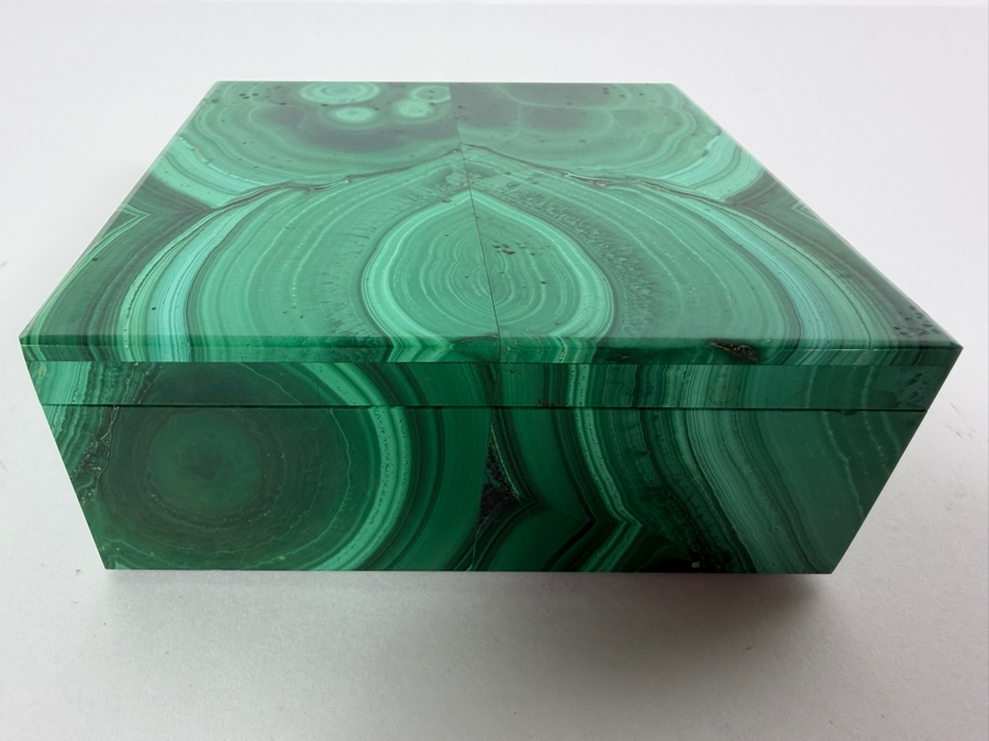 Vintage Luxury Genuine Green Malachite Veneer Hinged Lidded Square Book Matched Pattern Trinket Box 4'W X 4'D X 1.75'H [Photo 2]