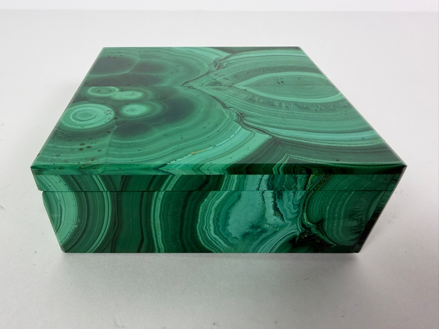 Vintage Luxury Genuine Green Malachite Veneer Hinged Lidded Square Book Matched Pattern Trinket Box 4'W X 4'D X 1.75'H [Photo 5]