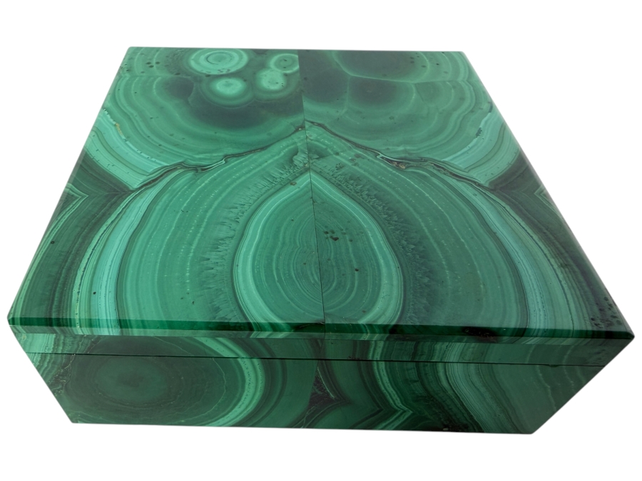 Vintage Luxury Genuine Green Malachite Veneer Hinged Lidded Square Book Matched Pattern Trinket Box 4'W X 4'D X 1.75'H