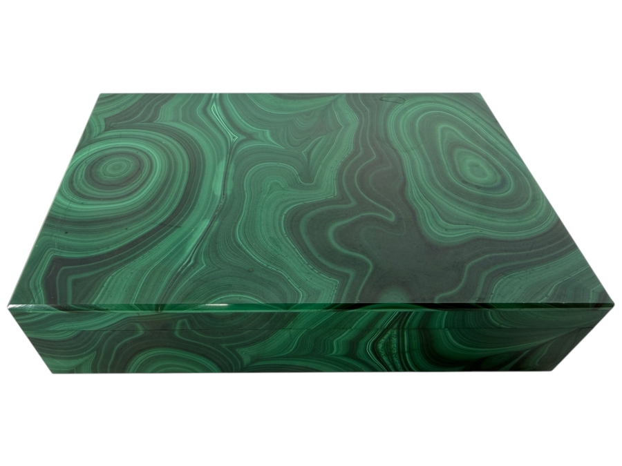 Vintage Luxury Genuine Green Malachite Veneer Hinged Lidded Rectangle Keepsake Trinket Cigar Box 6'W X 4'D X 1.5'H