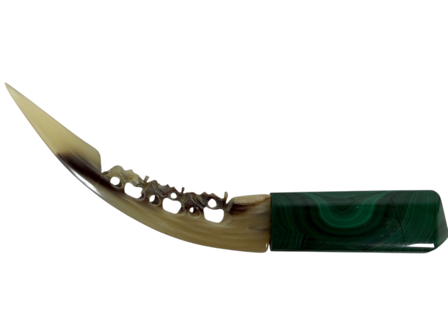 Vintage Genuine Green Malachite Handle Open Work Carved Natural Steer Horn Letter Opener Desk Knife 7.5'L