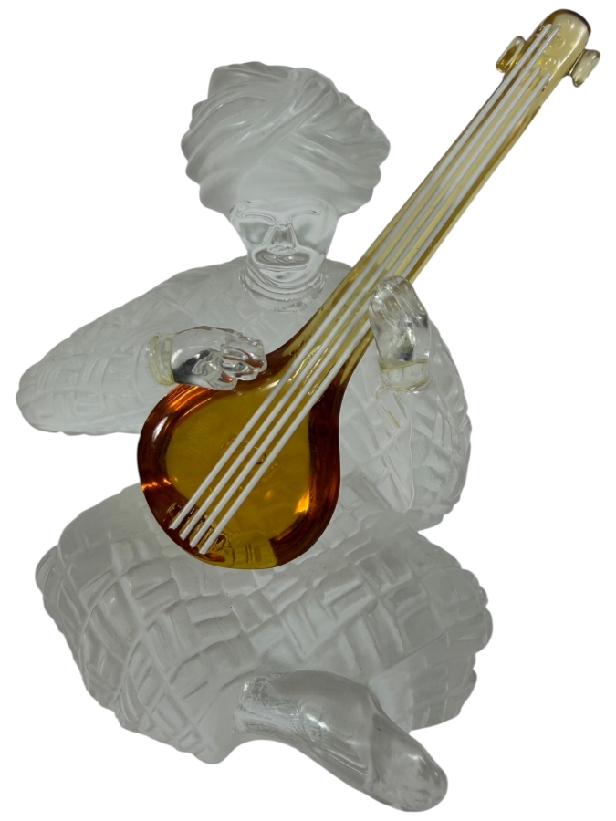 Vintage Saint-Louis France Crystal Musician Series Luth Indian Sitar Player Frosted And Amber Glass Figurine 4.25'H